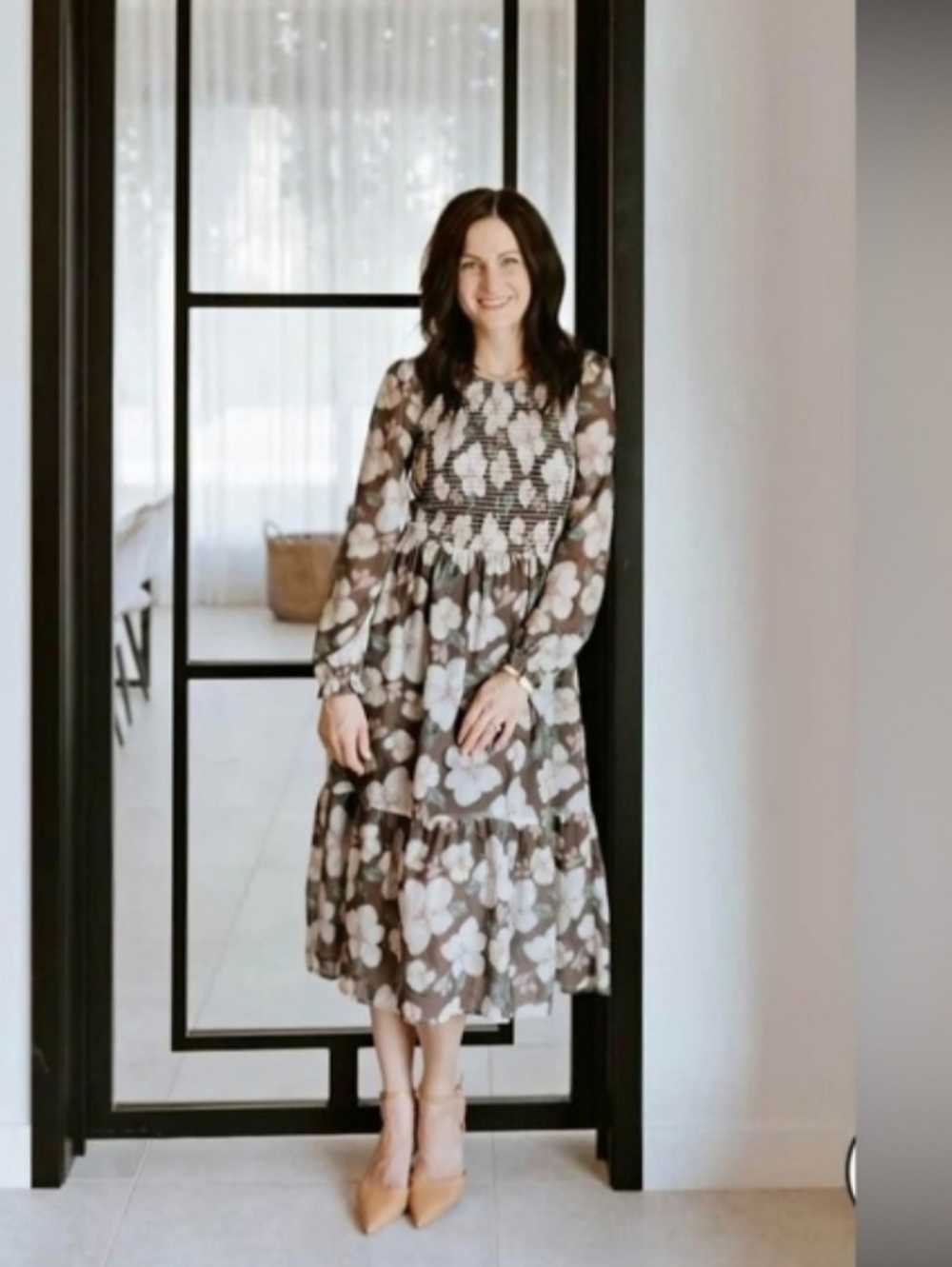 Jilly Box Floral Smocked Midi Dress in Brown and Cream - Picture 12 of 13